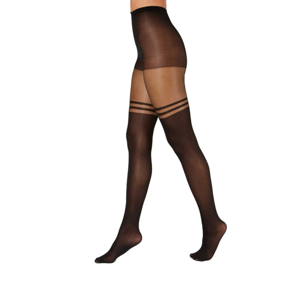INC International Concepts Women's Striped Mock Thigh-High Tights, Black, XS/S